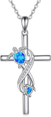 wholesale 925 Sterling Silver Blue Opal Sea Turtle Cross Pendant Necklace for Women Girls-sea turtle