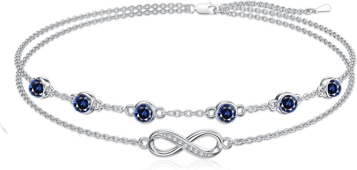 Sterling Silver Birthstone Women s Anklet Bracelets Infinity Butterfly Evil Eye Turtle Pineapple Starfish Heart-Bracelet 7"-9"-Infinity 09-Sapphire