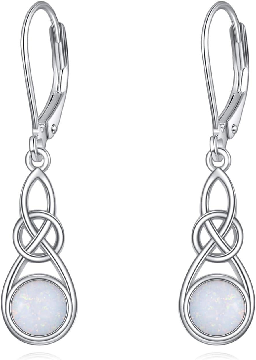 925 Sterling Silver Opal Celtic Knot Leverback Drop Dangle Earrings for Women Girls Irish s 4cm Long-0-0