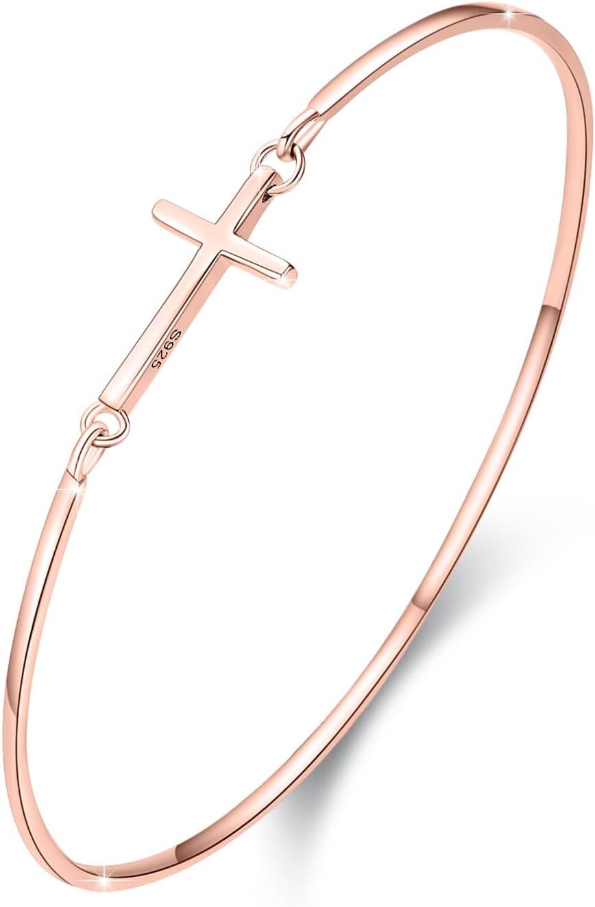 Sterling Silver Infinity Cross Bangle Bracelet Women s Christian Religious Jewelry Gift -Cross(Rose Gold)