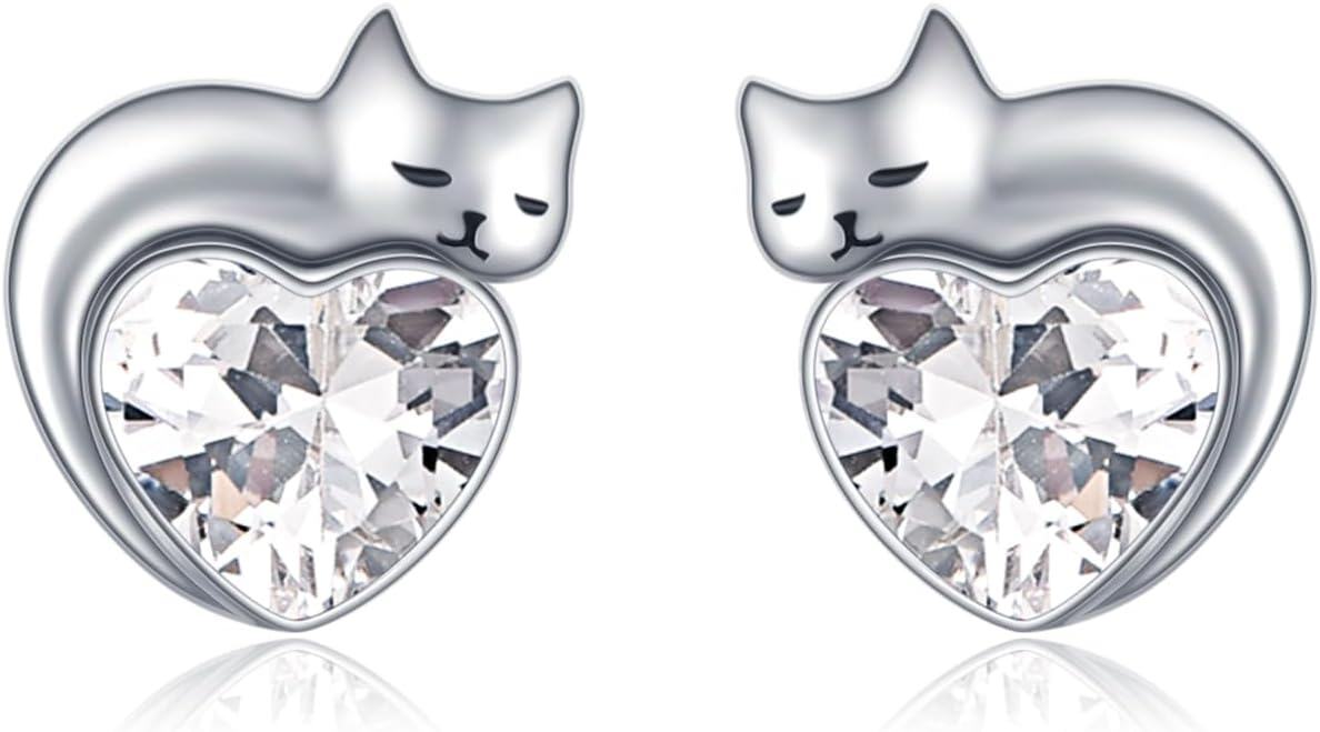 wholesale Sterling Silver Birthstone Cat Stud Earrings Heart Jewelry for Women-04-April