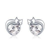 wholesale 925 Sterling Silver Heart Shaped Cat Earrings-04-April