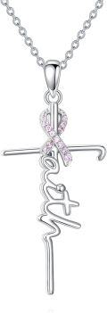 wholesale 925 Sterling Silver Faith Cross Pink Ribbon Necklace for Women - Breast & Ovarian Cancer Awareness Jewelry-0-0