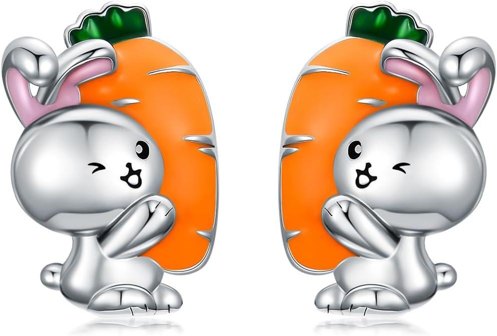 wholesale 925 Sterling Silver Carrot-Shaped Bunny Studs - Adorable Rabbit Easter  for Girls and Women-0-0