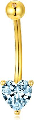 wholesale  14K Yellow Gold Plated 925 Sterling Silver Aquamarine Heart Belly Button Ring 14G 12mm Navel Bar-0-0