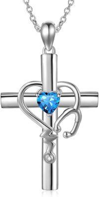 wholesale  Metal Stone Stethoscope Cross Pendant Necklace for Nurse Doctor Graduation -December-Blue Topaz