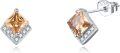 wholesale  Sterling Silver Cubic Zirconia Crystal Birthstone Stud Earrings - 7.8mm Square November Citrine Jewelry for Sensitive Ears-0-0