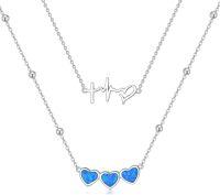 wholesale 925 Sterling Silver Heartbeat & Blue Opal Hearts Layered Pendant Necklaces for Women-Triple Heart Pendant