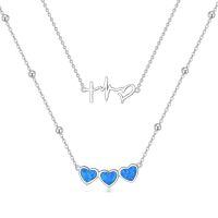 wholesale 925 Sterling Silver Heartbeat & Blue Opal Hearts Layered Pendant Necklaces for Women-Triple Heart Pendant