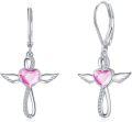 wholesale S925 Sterling Silver with Pink Crystal & Cubic Zirconia Angel Wings Cross Heart Leverback Earrings 19.5mm-0-0