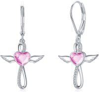 wholesale S925 Sterling Silver with Pink Crystal & Cubic Zirconia Angel Wings Cross Heart Leverback Earrings 19.5mm-10-Angel Wings Earrings-Pink