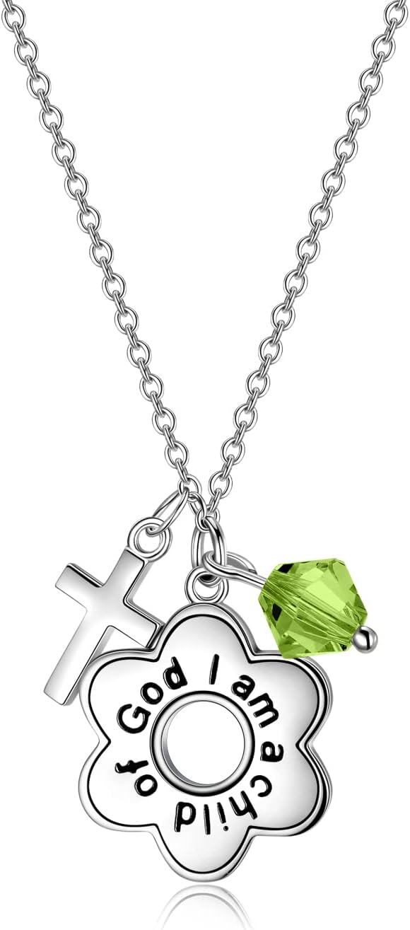 Sterling Silver Daisy Child of God Necklace for Girls Baptism Communion Birthday-Simulated Peridot