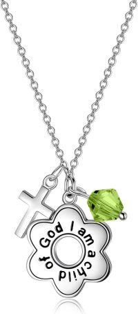 wholesale Sterling Silver Daisy Child of God Necklace for Girls Baptism Communion Birthday-Simulated Peridot