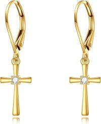 wholesale 14K Gold Cross with Diamond Studs 14K Leverback Earring Gift for Her-Cross earrings-02
