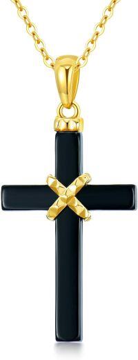 wholesale 14K Gold Black Onyx Cross Pendant Necklace with Chain - 20 inches-Black Onyx