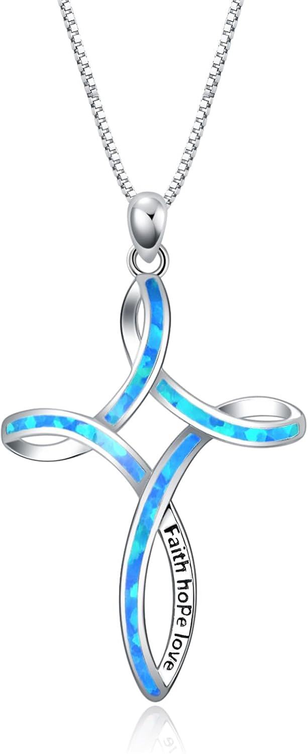 wholesale 925 Sterling Silver Blue Opal Cross Necklace for Women Celtic Knot Pendant Jewelry Christian Gifts-Blue