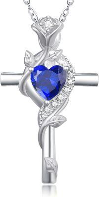 wholesale Sterling Silver Rose Cross Pendant Necklace for Women-White Gold-9-Sapphire-White Gold-9-Sapphire