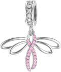wholesale 925 Sterling Silver Dragonfly Pink Ribbon Dangle Charm Bead for Pandora Style Bracelets Jewelry Making Supplies (Pink)-0-0