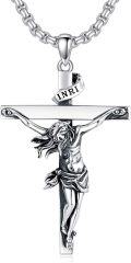 wholesale 925 Sterling Silver &  Jesus Christ Cross Pendant with INRI Inscription on Ribbon - Mens Crucifix Necklace 24 Chain Gift for Him-0-0