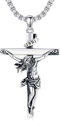 wholesale 925 Sterling Silver &  Jesus Christ Cross Pendant with INRI Inscription on Ribbon - Mens Crucifix Necklace 24 Chain Gift for Him-02
