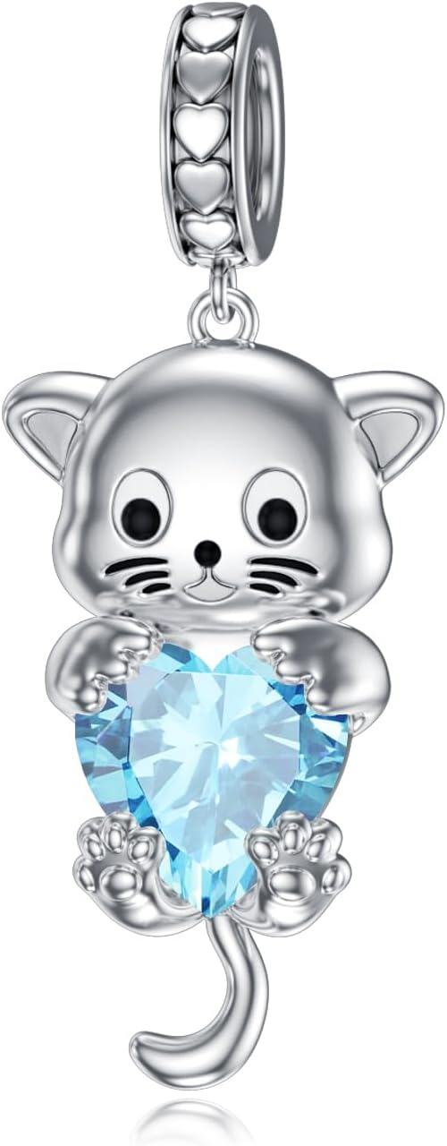 Silver Birthstone Cat Charm Bead Gift for Women-March - Aquamarine