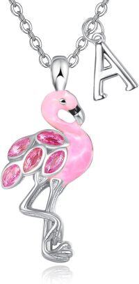 wholesale 925 Sterling Silver Pink Flamingo Initial Pendant Necklace w 18+2 Chain-Initial(A)