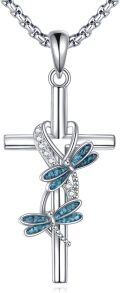 wholesale 925 Sterling Silver Dragonfly Turquoise Stone Cross Pendant Necklace Religious  for Women and Men-0-0