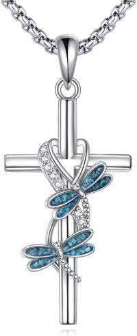 wholesale 925 Sterling Silver Dragonfly Turquoise Stone Cross Pendant Necklace Religious  for Women and Men-Dragonfly