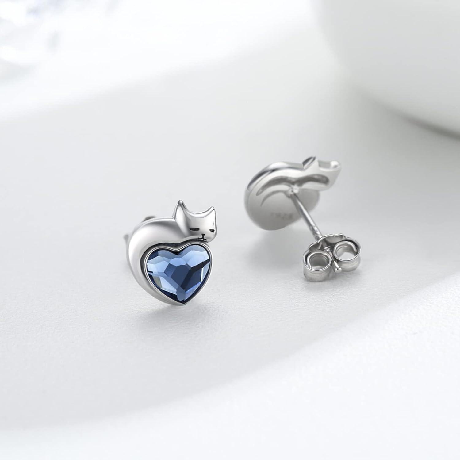 wholesale Sterling Silver Birthstone Cat Stud Earrings Heart Jewelry for Women-Blue Crystal