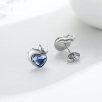 wholesale 925 Sterling Silver Heart Shaped Cat Earrings-Blue Crystal