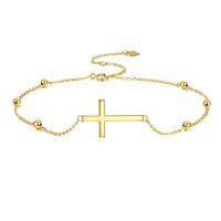 wholesale 14k Gold Adjustable Sideways Cross Bead Station Anklet For Women-Cross Bracelet