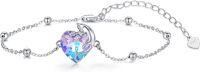 wholesale 925 Sterling Silver Austrian Crystal Moon & Heart Charm Bracelet for Women Girls -A-Cat with Purple Heart