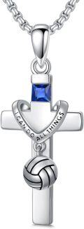 wholesale 925 Sterling Silver Sports Ball Cross Necklace with Blue Crystal and I CAN DO ALL THINGS Pendant-0-0