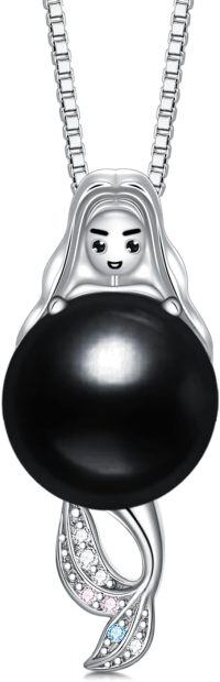 wholesale 925 Sterling Silver Black Freshwater Pearl Pendant Necklace with Cartoon Girl Design for Women-Mermaid