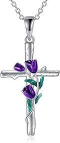 wholesale 925 Sterling Silver Purple Tulips Cross Necklace Crystal Mother's Day Gifts-0-0