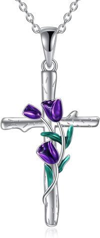 wholesale 925 Sterling Silver Purple Tulips Cross Necklace Crystal Mother's Day Gifts-cross