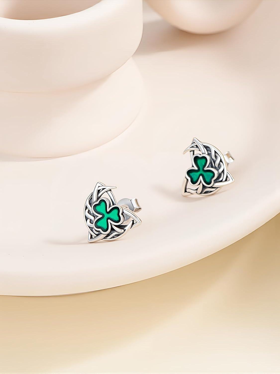 925 Sterling Silver Green Enamel Shamrock Trinity Knot Stud Earrings for Women-0-3