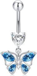 wholesale 925 Sterling Silver Blue Butterfly Belly Button Ring 14G Hypoallergenic Dangling Navel Jewelry Gift-0-0