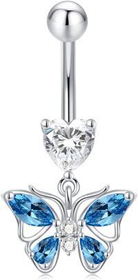 wholesale 925 Sterling Silver Blue Butterfly Belly Button Ring 14G Hypoallergenic Dangling Navel Jewelry Gift-Blue
