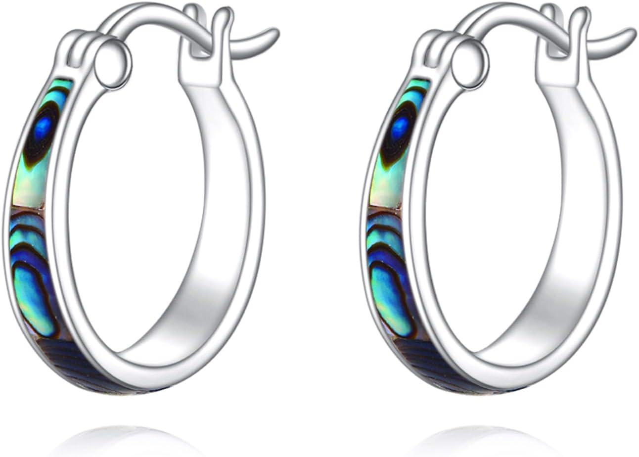Sterling Silver Hypoallergenic Small Hoop Sun Leaf Triangle Huggie Earrings for Women-Abalone-Abalone