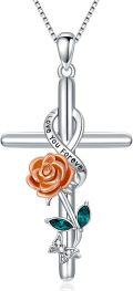 wholesale 925 Sterling Silver Rose & Teal Crystal Cross Pendant Necklaces for Women - Religious Gifts for Mom and Daughter-0-0