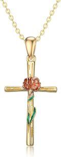 wholesale 14K Yellow Gold Carnation Flower Cross Pendant Necklace 12.5x20mm 16 Chain-0-0