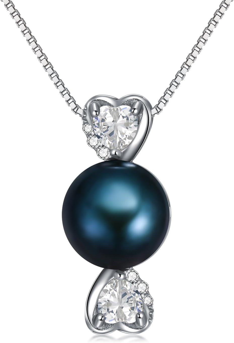 Silver 925 Sterling Silver with White Gold Plated and Black Pearl Heart Pendant Necklace for Women-0-0