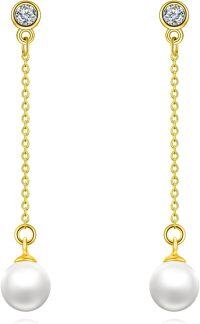 wholesale 925 Sterling Silver Round Freshwater Pearl Dangle Earrings with Cubic Zirconia Drops for Women-Yellow Gold