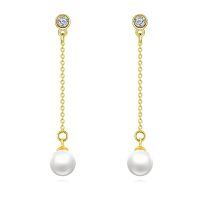 wholesale 925 Sterling Silver Round Freshwater Pearl Dangle Earrings with Cubic Zirconia Drops for Women-Yellow Gold