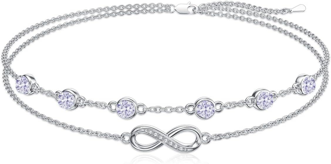 Sterling Silver Birthstone Women s Anklet Bracelets Infinity Butterfly Evil Eye Turtle Pineapple Starfish Heart-Bracelet 7"-9"-Infinity 06-Light Purple