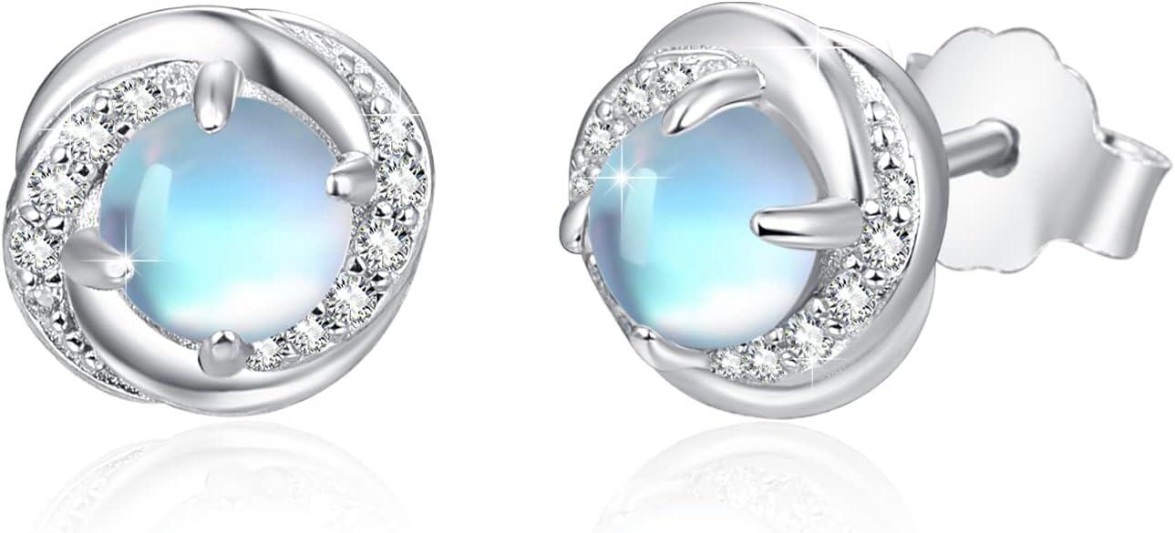 Sterling Silver Moonstone Birthstone Opal Star Planet Panda Whale Heart Earrings for Women -Moonstone Stud Earrings