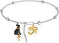 wholesale 925 Sterling Silver Black Cat Charm Anklet with Eye of Horus and Ankh Pendant-0-0