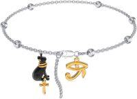 wholesale 925 Sterling Silver Black Cat Charm Anklet with Eye of Horus and Ankh Pendant-Egyptian Cat