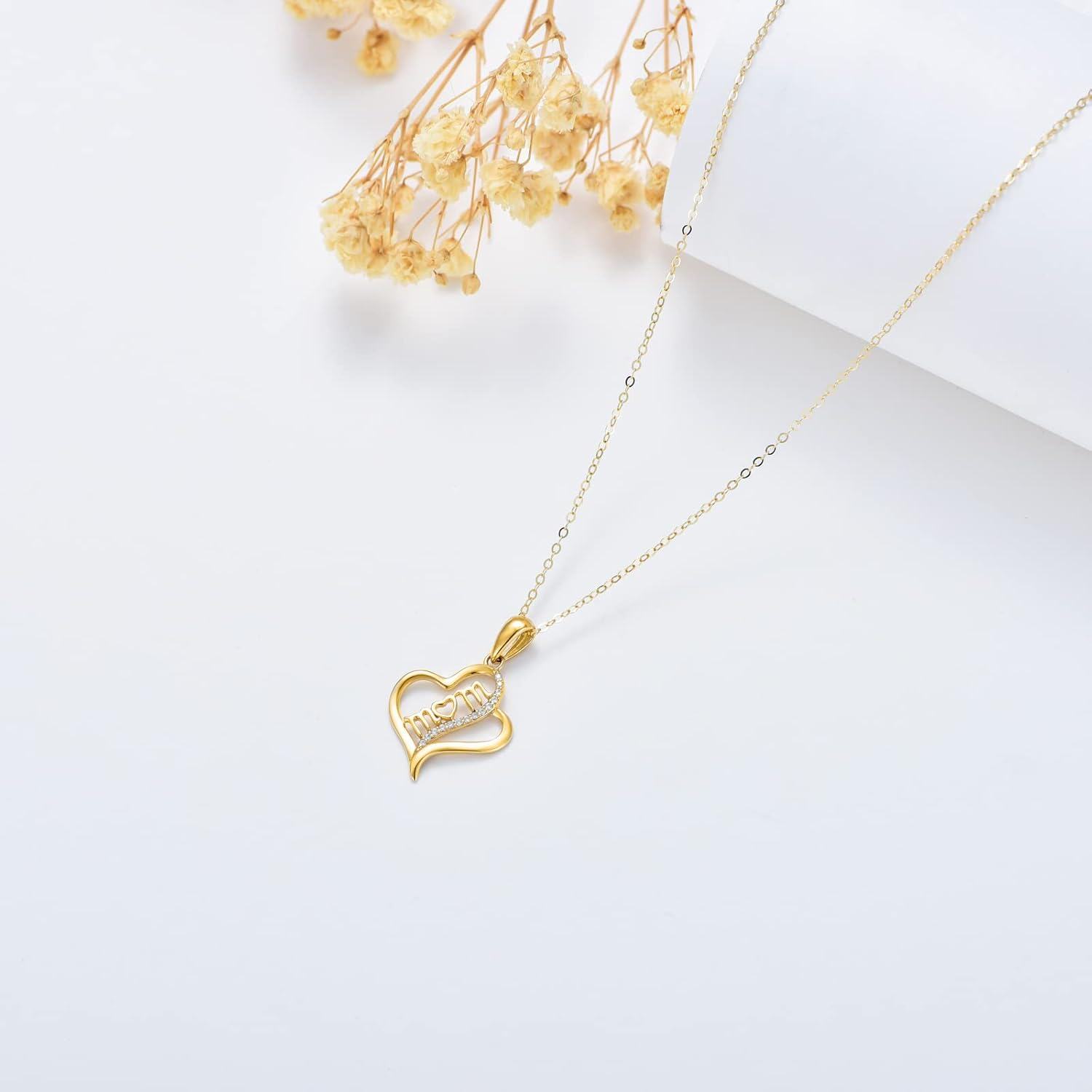wholesale 14K Gold Mom Heart Pendant Necklace with Cubic Zirconia - Gift for Mother's Day-0-4